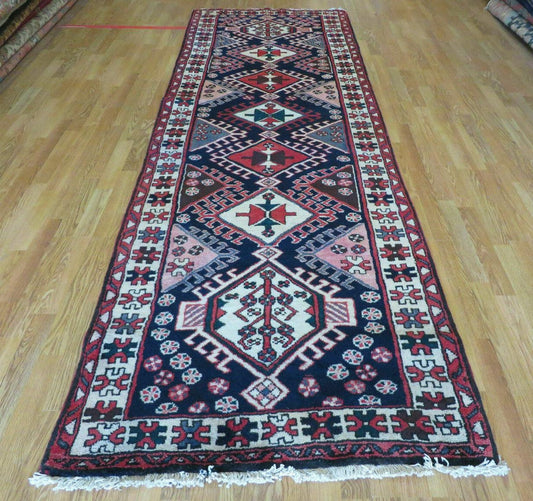 Persian Runner Rug 3.5 x 10.7, Karajeh Heriz Rug, Navy Blue, Geometric Medallions