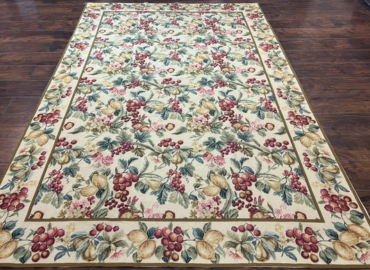 Floral Needlepoint Rug 6x9, Fruits Grapes Allover Floral Design, Beige/Cream Colorful Wool Vintage Needlepoint Carpet, Needlepoint Area Rug
