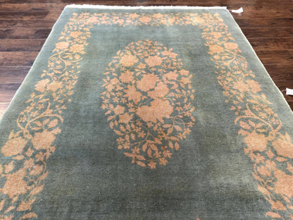 Teal Chinese Wool Rug 6x8, Vintage Handmade Carpet, Floral, Semi Open Field