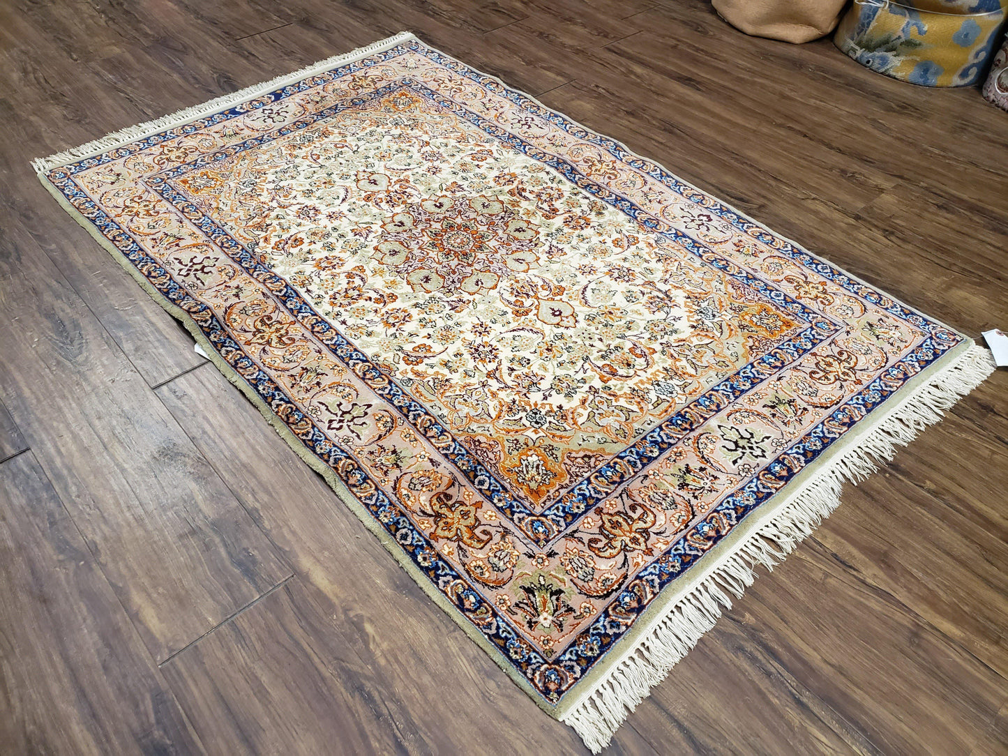 Premium Persian Isfahan Lachak Toranj Rug Hand Knotted Kork Wool On Silk Beige And Dark Blue 3 Ft 6 In By 5 Ft 4 In