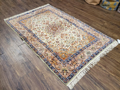 Premium Persian Isfahan Lachak Toranj Rug Hand Knotted Kork Wool On Silk Beige And Dark Blue 3 Ft 6 In By 5 Ft 4 In