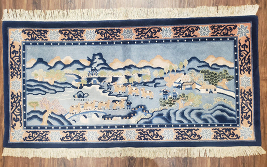 Chinese Pictorial Rug Hand Knotted Wool Vintage 28x55 Inches Teal And Blue Carpet Wall Tapestry