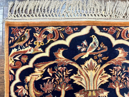 Persian Isfahan Rug 2x4, Birds, Navy Blue, Kork Wool on Silk Foundation, 460 KPSI