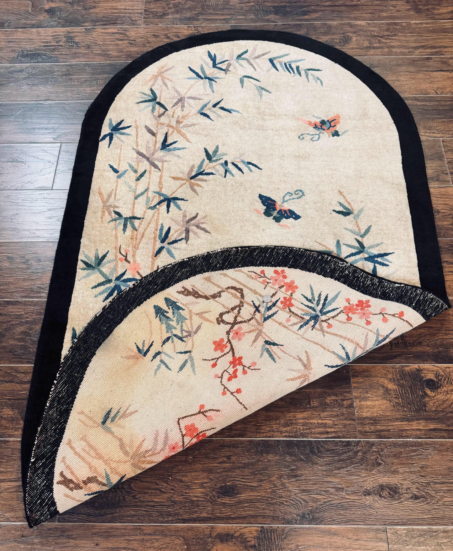 Antique Chinese Wool Rug Oval 3.9x6.7 Handmade Peking Carpet Floral Butterflies Beige