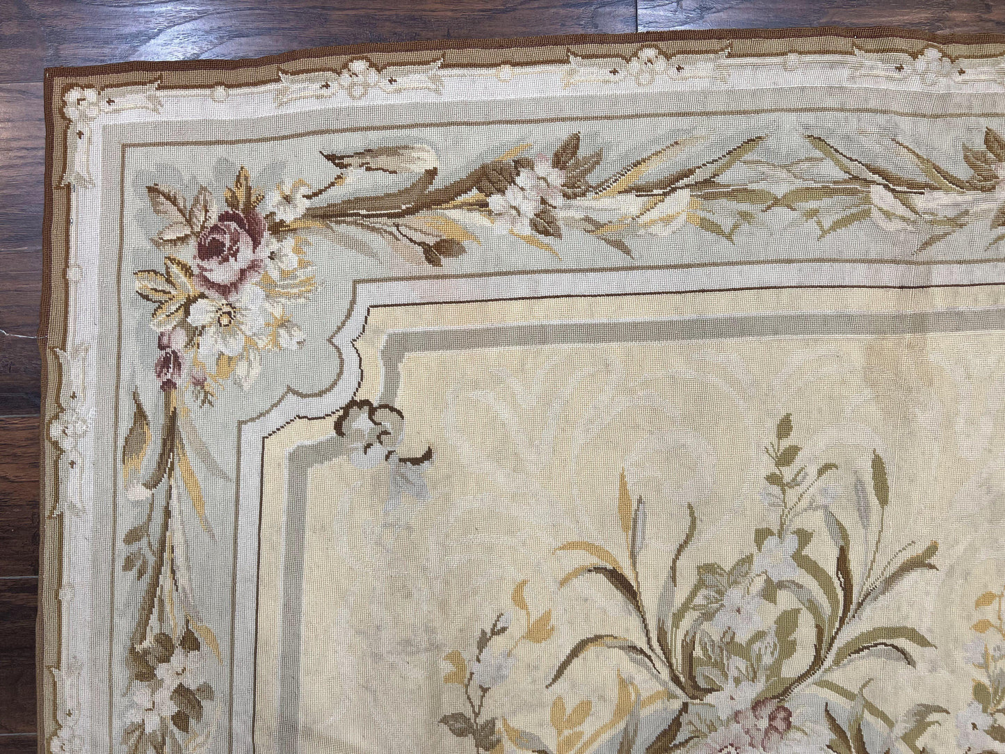 Needlepoint Rug 6x9, Elegant European Design Aubusson Carpet, Vintage Wool Handmade Rug, Light Yellow Ivory