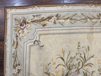 Needlepoint Rug 6x9, Elegant European Design Aubusson Carpet, Vintage Wool Handmade Rug, Light Yellow Ivory