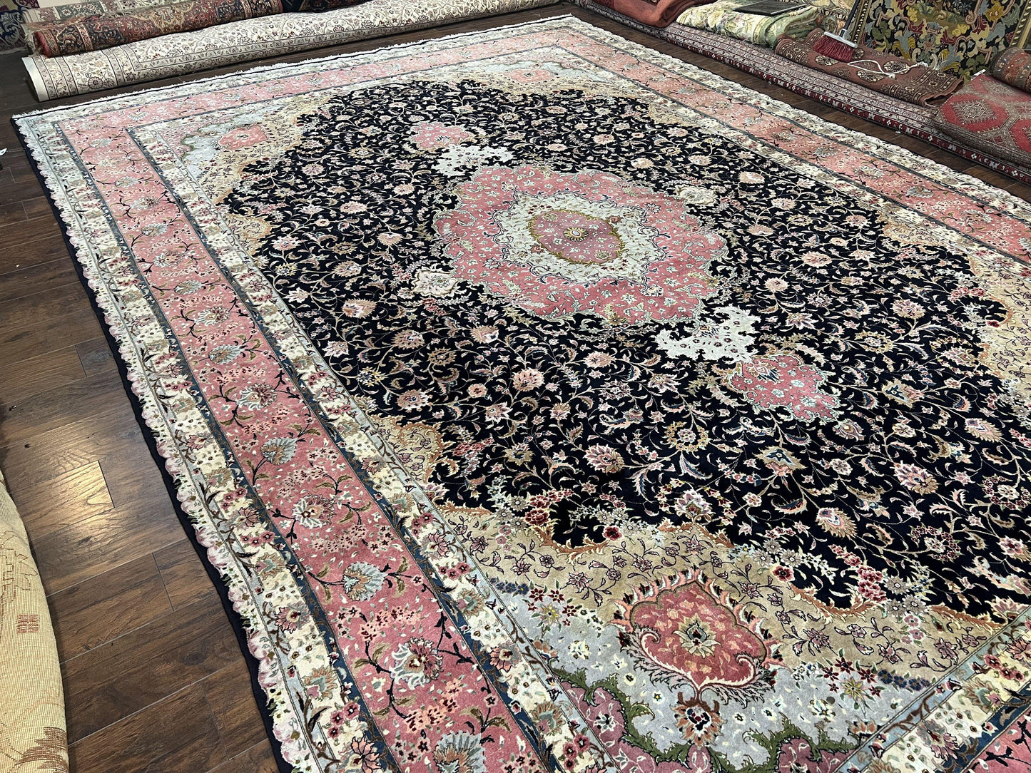 Persian Tabriz Rug 11x16 Hand Knotted Wool On Silk Floral Medallion Black Pink