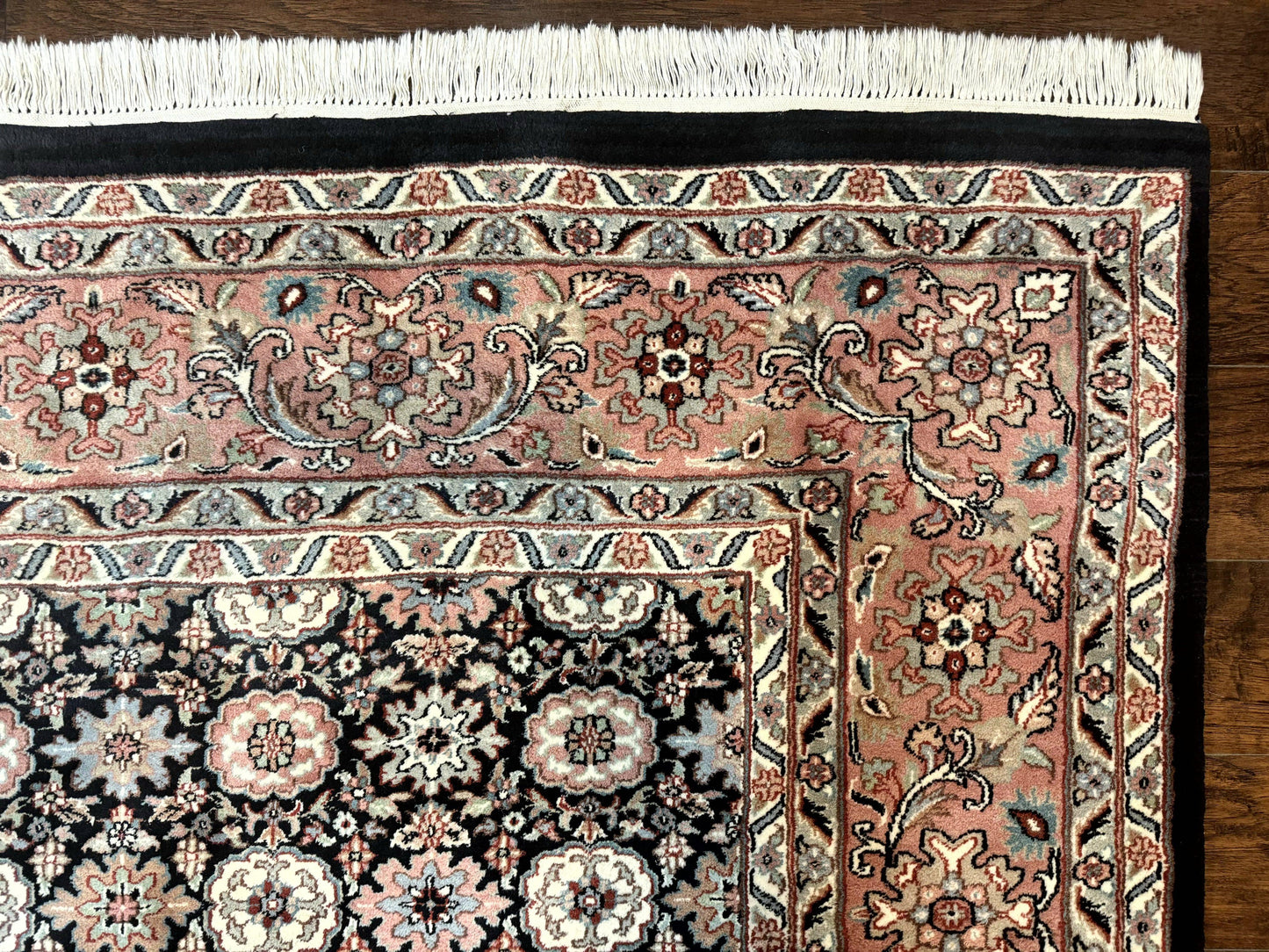 Indo Persian Rug 9x12, Vintage Handmade Wool Carpet, Repeated Allover Motif, Navy Blue and Pink