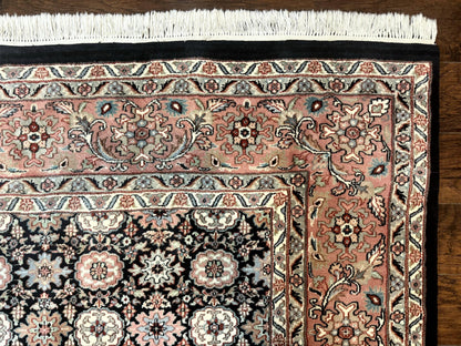 Indo Persian Rug 9x12, Vintage Handmade Wool Carpet, Repeated Allover Motif, Navy Blue and Pink