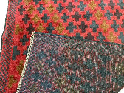 Balouchi Rug Vintage Handmade Tribal Wool Rug Red Beige 2 Feet 10 Inches By 4 Feet 8 Inches