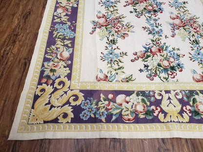 Vintage Chinese Floral Needlepoint Rug Wool Handwoven Flatweave Area Rug 6x9 Ivory Purple Dining Room