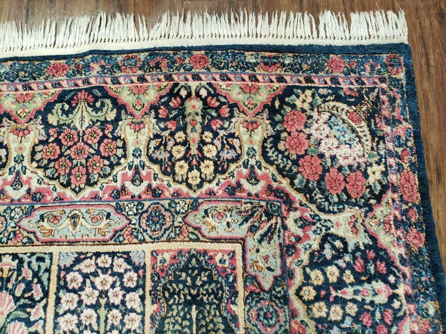 Persian Rug 10x15 Hand Knotted Wool Carpet Vintage Kirman Yazd Floral Dark Blue Beige