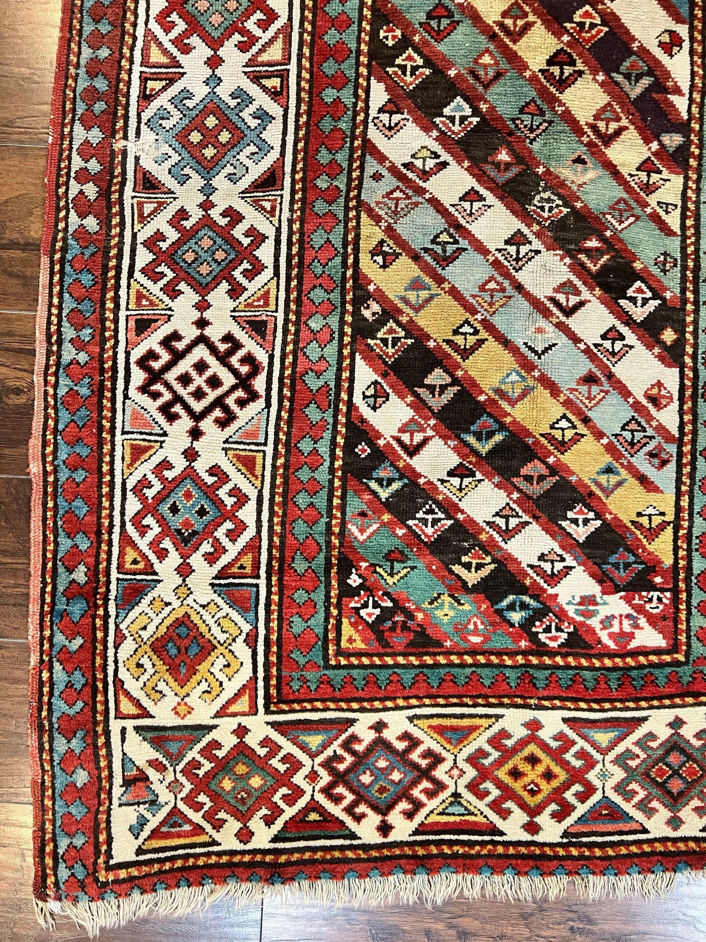 Caucasian Kazak Runner Rug 3.6 x 8, Wool Hand Knotted Antique 1880s Carpet, Ivory & Multicolor Stripes Oriental Runner Rug, Hallway Rug
