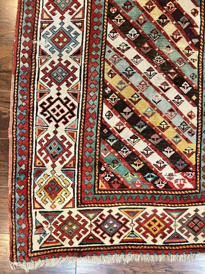 Caucasian Kazak Runner Rug 3.6 x 8, Wool Hand Knotted Antique 1880s Carpet, Ivory & Multicolor Stripes Oriental Runner Rug, Hallway Rug