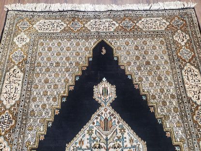 Persian Silk Qum Rug Hand Knotted Silk On Silk Luxury Vintage Area Rug Black Gold Beige 3 Ft 6 In By 5 Ft 5 In