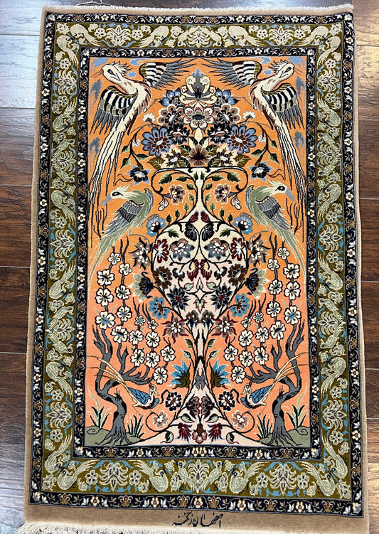 Persian Isfahan Rug Very Fine Hand Knotted 2 6 X 4 Kork Wool On Silk Signature Masterweaver Vintage Birds Vase Design