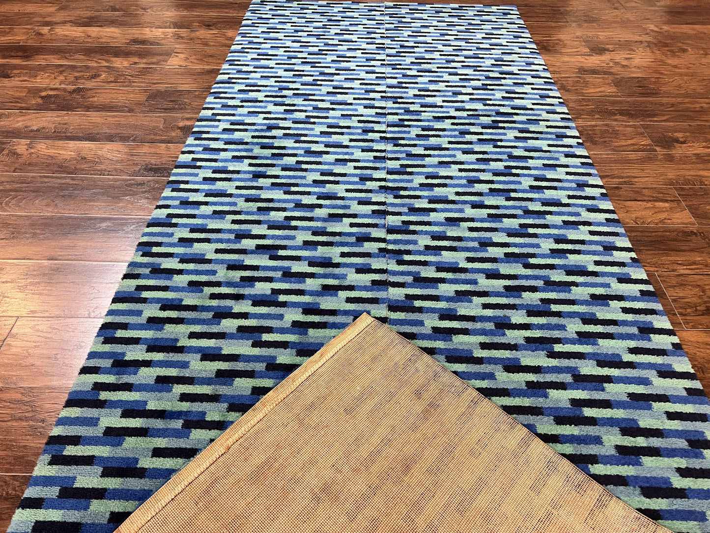 Wool Runner Rug Blue Multicolor Mosaic Design 4.7 x 12 Contemporary Power Loomed