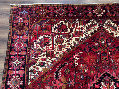 Persian Heriz Rug 8x11, Geometric Design, Red & Cream