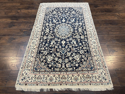 Persian Nain Rug Hand Knotted Wool and Silk Accents With Floral Medallion Navy Blue Ivory Cream