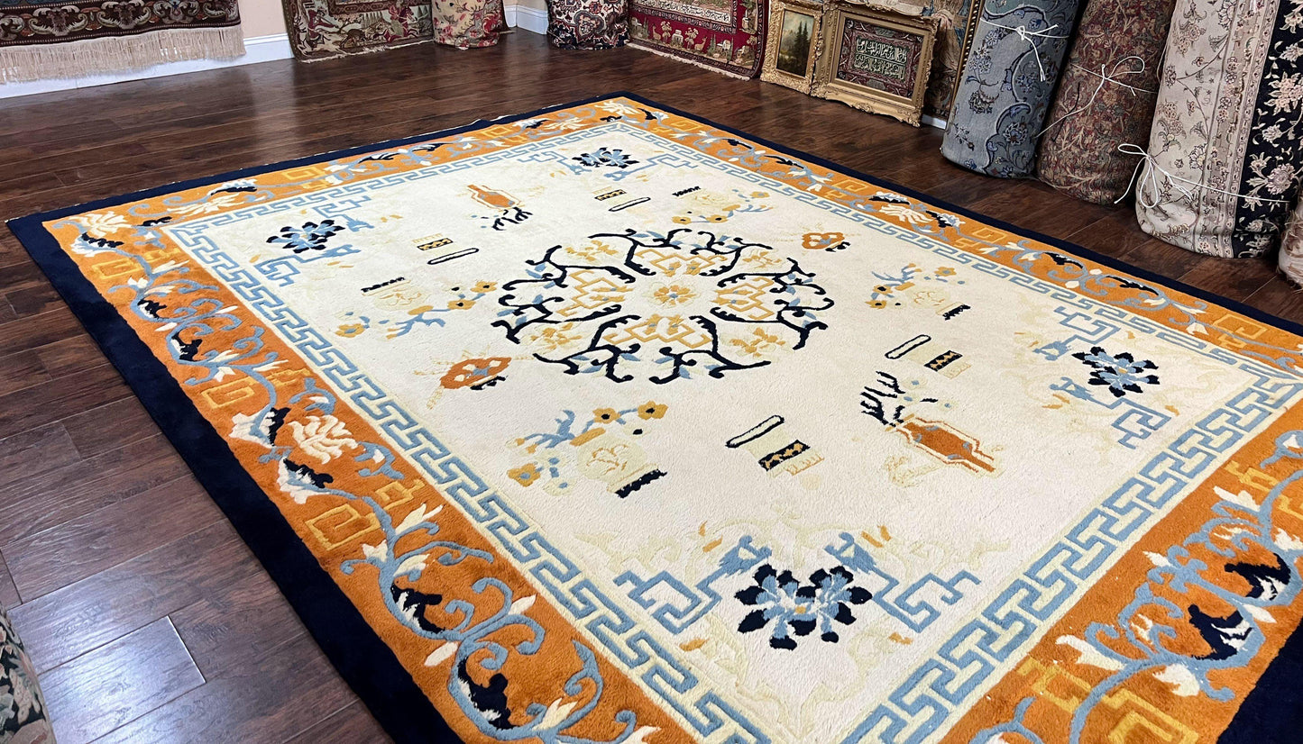 Indo Chinese Rug 9x12, Asian Oriental Carpet 9 x 12, Cream & Burnt Orange, Handmade Wool Vintage Art Deco Rug