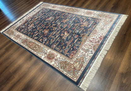 Bamboo Silk Rug Hunting Design 5x8 Steel Blue Ivory Contemporary Area Rug