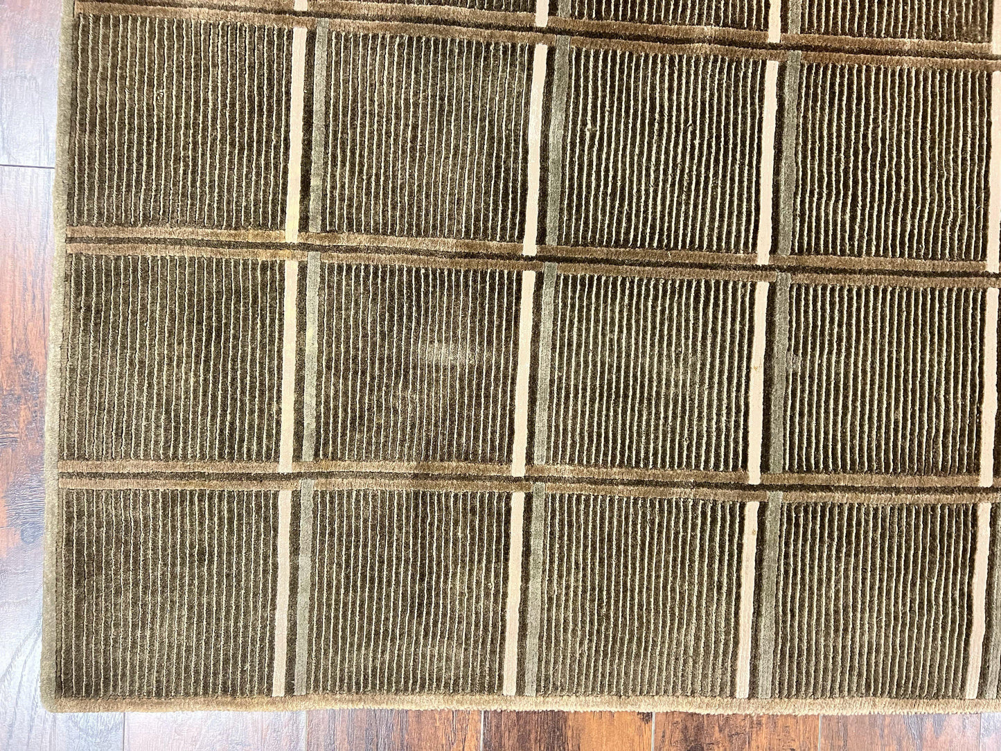 Tibetan Rug 4x6 Handmade Green Wool Area Rug With Panel Design Modern Contemporary