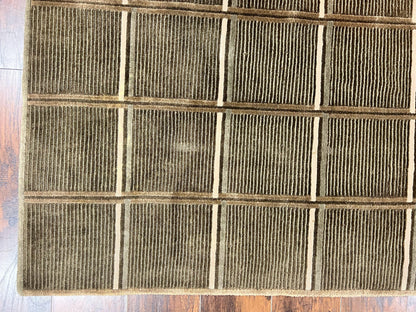 Tibetan Rug 4x6 Handmade Green Wool Area Rug With Panel Design Modern Contemporary