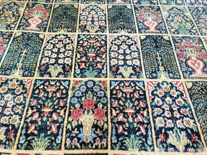 Persian Rug 10x15 Hand Knotted Wool Carpet Vintage Kirman Yazd Floral Dark Blue Beige