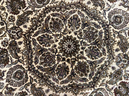 Round Indo Persian Rug 8 by 8 ft Hand Knotted Vintage Wool Circular Carpet Floral Medallion Cream and Green