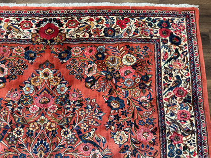 Persian Sarouk Rug 7x10 Red Ivory Floral Bouquets With Birds
