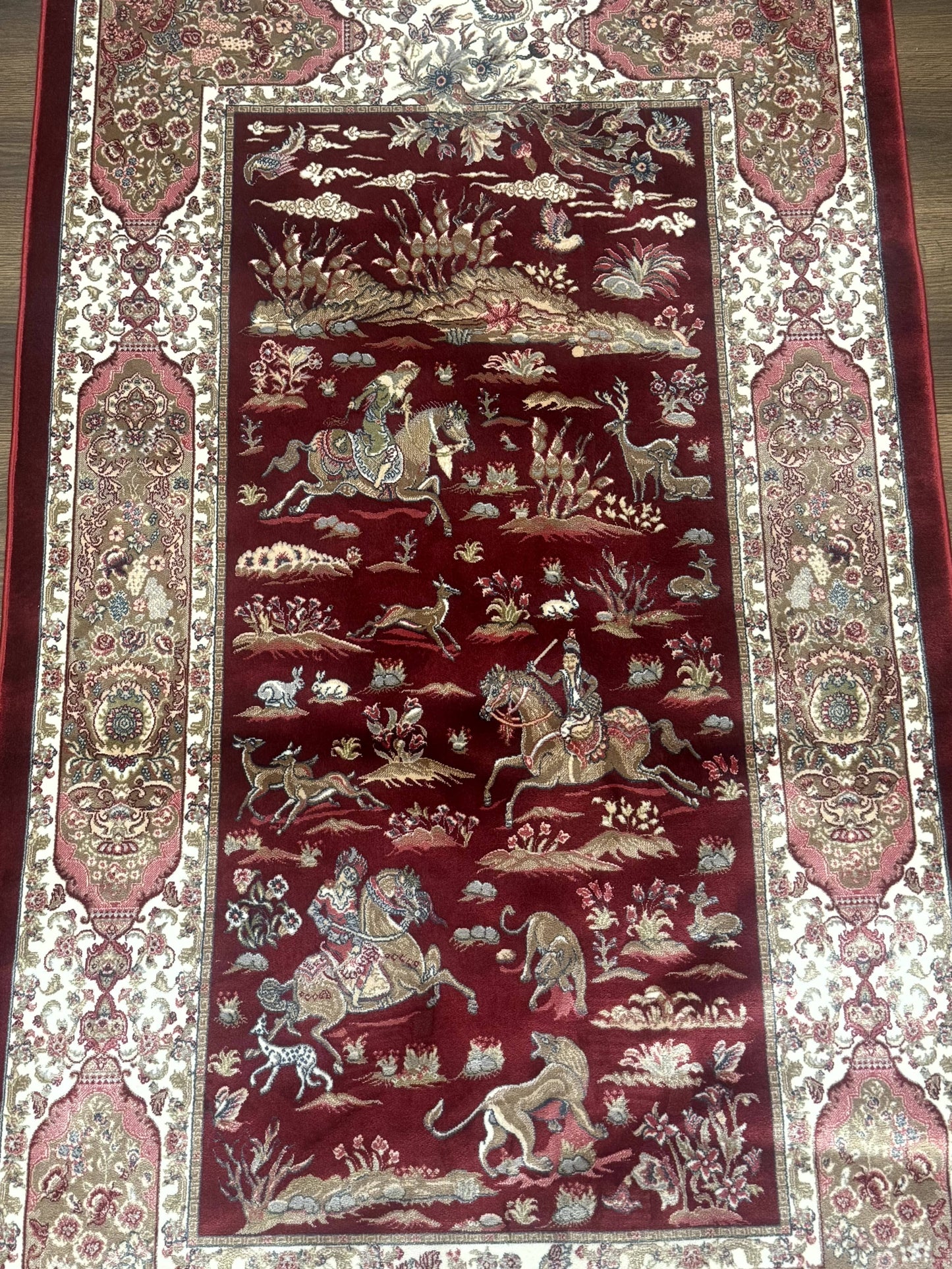 Turkish Silk Rug 3x5 Hunting Design Dark Red Ivory Bamboo Silk Area Rug
