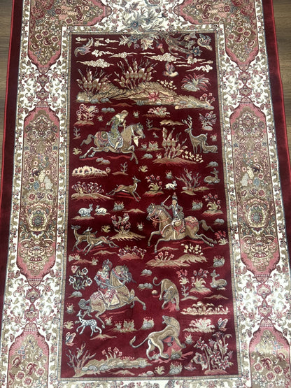 Turkish Silk Rug 3x5 Hunting Design Dark Red Ivory Bamboo Silk Area Rug