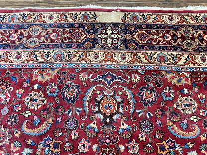 Signed Persian Mashad Rug 8x10, Wool Oriental Carpet, Semi Antique Rug, Hand Knotted, Traditional, Red, Floral Allover,