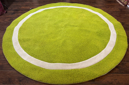 Vintage Lime Green Round Wool Rug 9x9 Hand Tufted Open Field