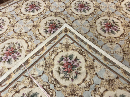 Needlepoint Wool Rug 8x11 Vintage Sky Blue Handmade Carpet