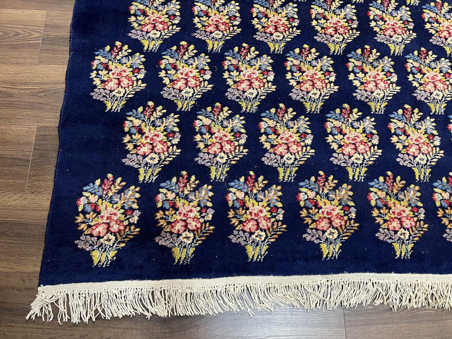 Persian Rug 9x12, Authentic Hand Knotted Carpet, Repeated Floral Motif Garden of Eden, Navy Blue Wool Rug 9 x 12, Semi Antique Kirman Rug