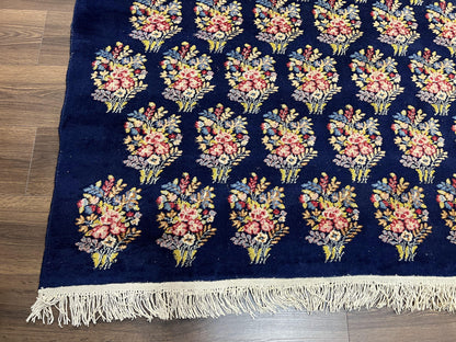Persian Rug 9x12, Authentic Hand Knotted Carpet, Repeated Floral Motif Garden of Eden, Navy Blue Wool Rug 9 x 12, Semi Antique Kirman Rug