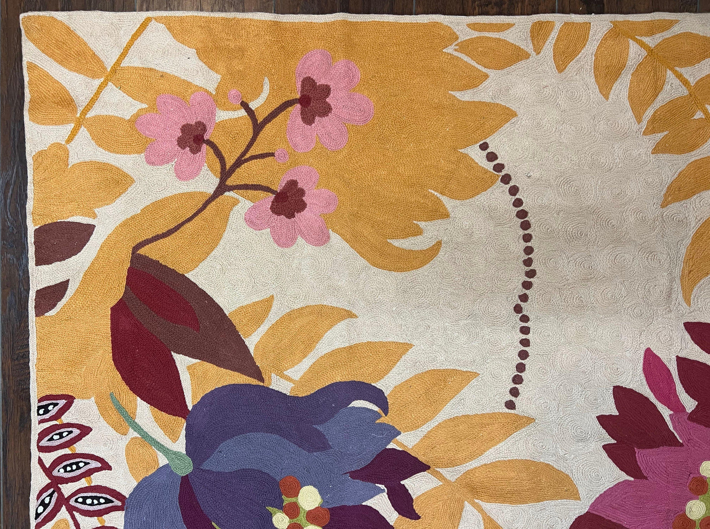 Indian Chain Stitched Rug 4x6, Hand Stitched Indian Embroidery Carpet, Large Floral Design, Contemporary, Cream and Colorful Flowers, Wool