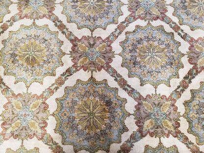 Indo Sultanabad Area Rug 8 x 9.5, Wool Hand-Knotted Ivory Green Teal Decorative Rug, Floral Panel Carpet, Indian Rug, 8 x 10 Bedroom Rug