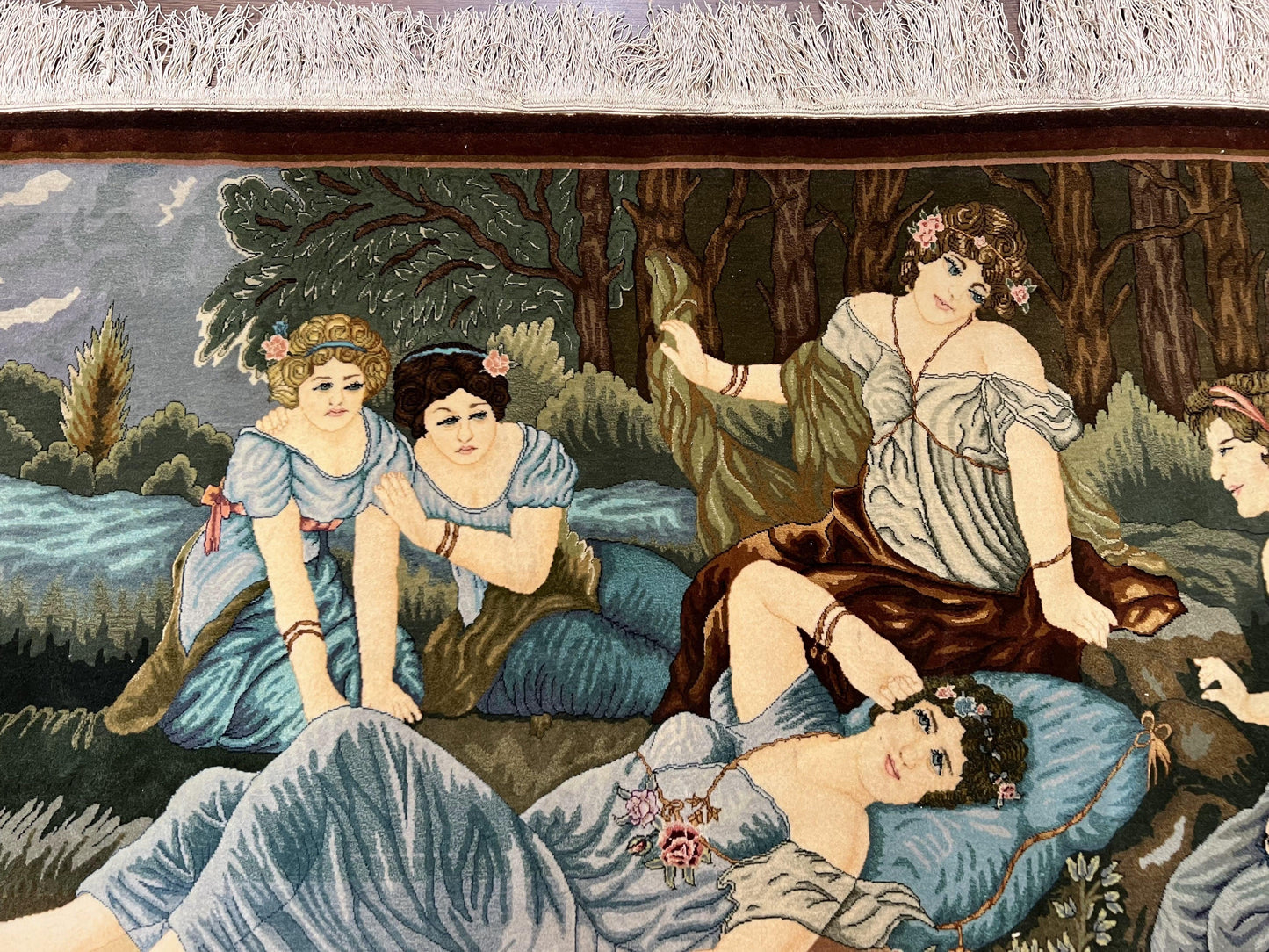 Persian Tabriz Pictorial Rug 5x3, Women Laying By River, Super Fine 60 Raj 480+ KPSI, Hand Knotted Wool Rug, Semi Antique Vintage Oriental Carpet