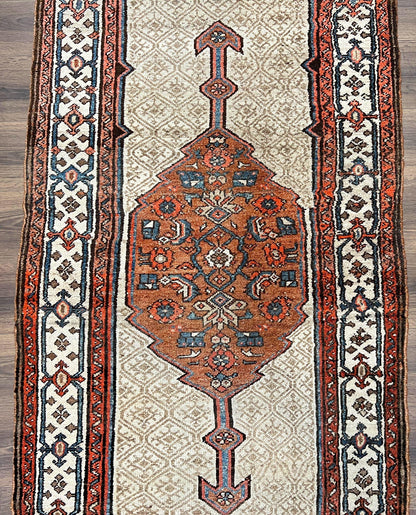 Rare Persian Tribal Runner Rug 3.5 x 10, Sarab Serab Kalegy Carpet, Antique 1920s Collectible Geometric Medallion Oriental Wool Runner, Hand Knotted, Camel Hair Color