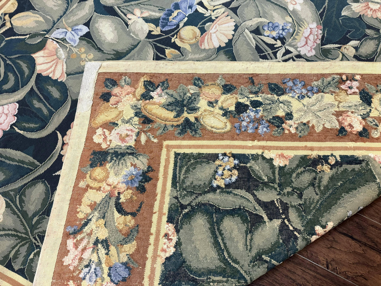 Needlepoint Rug 8x10, Vintage, Handmade, Wool, Green, Leaves & Fruits