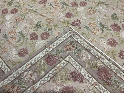 Aubusson Rug 9x12 Wool Handmade Floral Roses Pink Beige Mauve European French Design