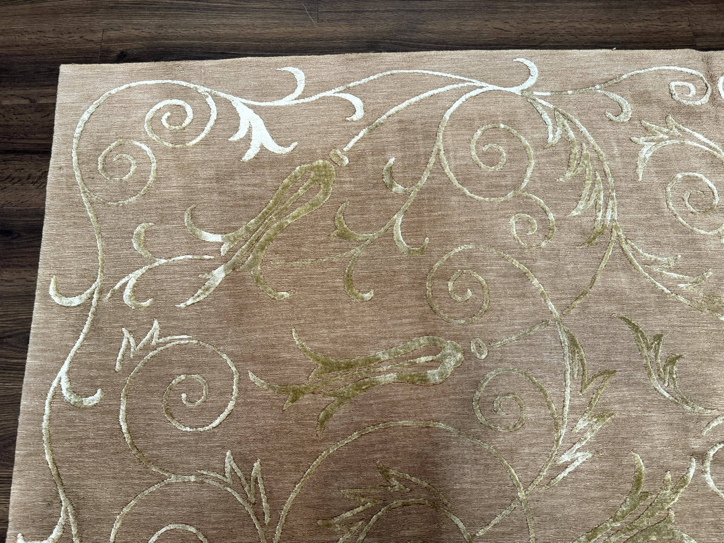 Tibetan Rug Hand Knotted Wool Silk 9x12 Beige Modern Handmade Carpet