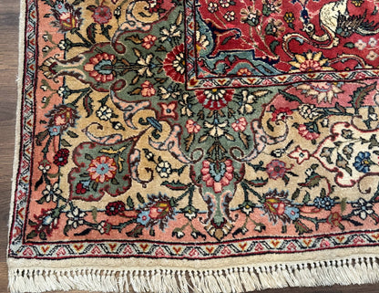 Antique Tabriz Persian Rug 7x10, Red Cream Tan, Unique Design, Fine 270 KPSI, Birds, Floral