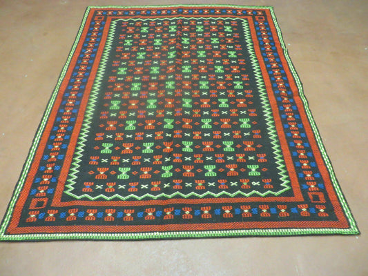 South American Kilim Flat Weave Rug 4 By 5 Feet Vintage Handmade Colorful Blanket