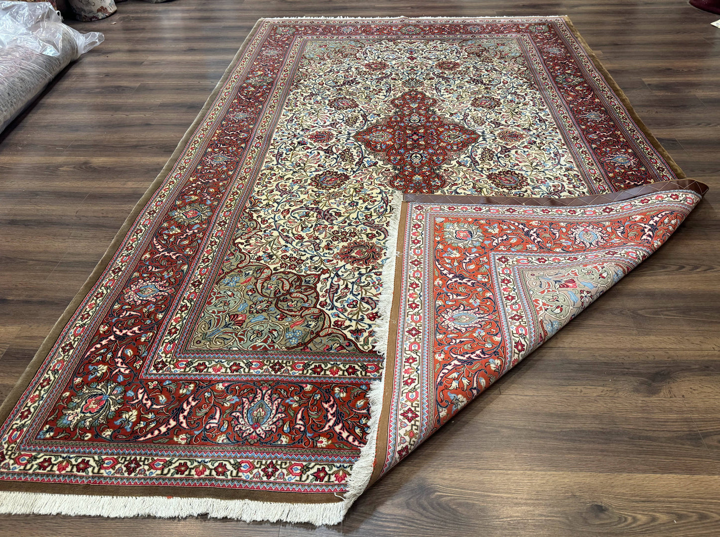 Persian Qum Rug 7x11 Beige Red Floral Medallion 260 KPSI Hand Knotted