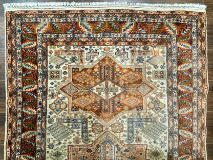Turkish Kazak Rug 4x6 Geometric Medallions Vintage Hand Knotted Wool Carpet