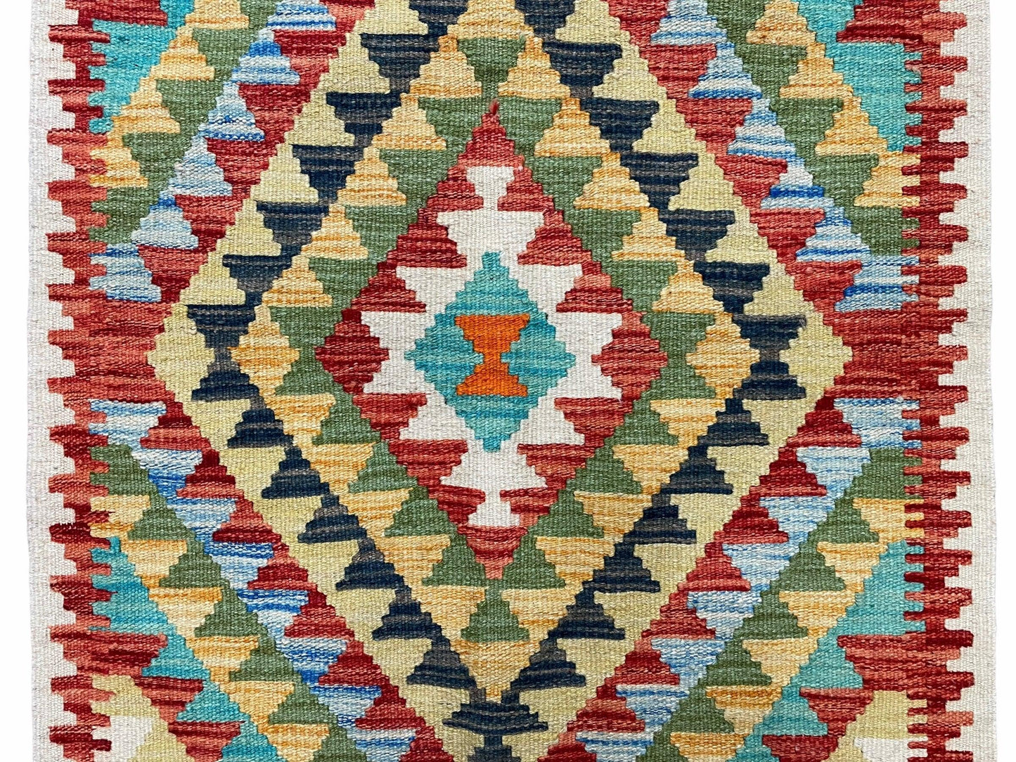 Turkish Kilim Rug 2x3 Colorful Handwoven Wool Accent Rug Chobi Diamond Zigzag