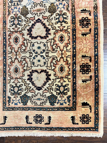 Romanian Runner Rug 2.6 x 12.9, Wool Handmade Hand Knotted Skinny Runner for Hallway, Floral Allover, Vintage Tan Runner